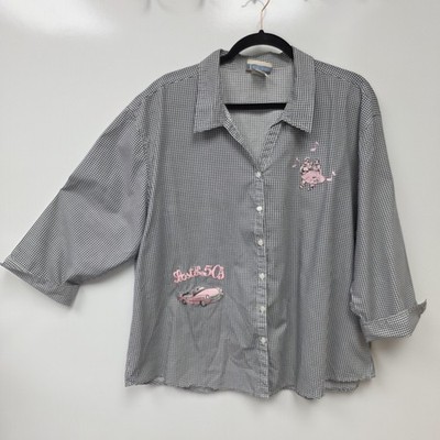 Las Olas Shirt Womens 1X Black Check Button 50s Rock Car Dancers Embroidered Top