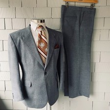 70s Vintage Levis Action Suit Blue Gray Tan Plaid Mens 2pc Swanky Suit Size 44R