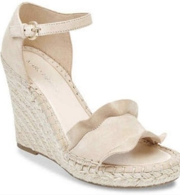 Marc Fisher Kickoff Leather Open Toe Wedge Sandal Ruffle Heels Bohemian Tan 10