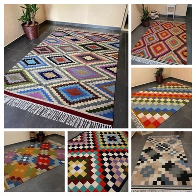 Designer Teppich Orientalisch Schurwolle Wohnzimmer Handgewebt Kelim bunt Muster
