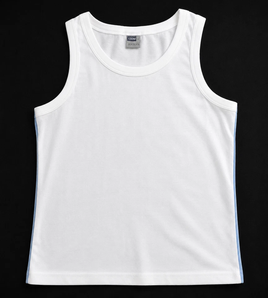 Jerzees Débardeur Sportif Blanc En Cotton À Dos Musclé Avec Bord Gris/Bleu - Photo 3/3
