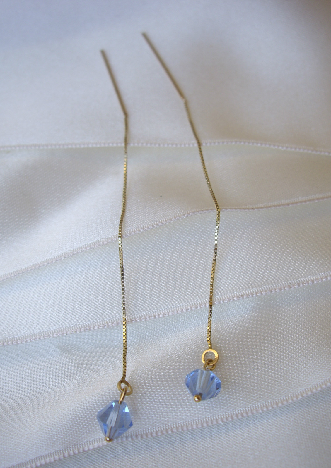 14k Solid Yellow Gold Dangle Chain Earrings Blue … - image 6