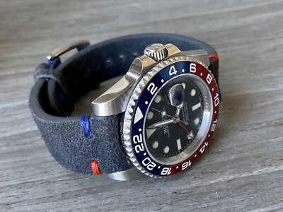 ROLEX ペプシ 掛時計 20mm Rolex DARK GRAY suede Pepsi stitch (Red & blue) Leather watch