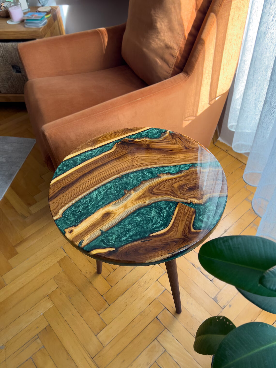 Round Live Edge Resin Coffee Table, Side Table, Mid Century Modern Resin Table