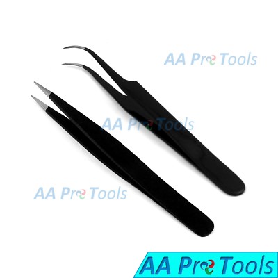 Eyelash Hair Extension Tweezers Black Remover Nail Art Straight & Curved Pointed