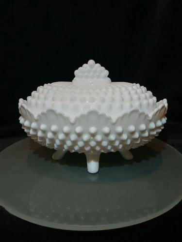 Vintage Fenton Hobnail White Milk Glass Oval Dish with Lid- No Defects