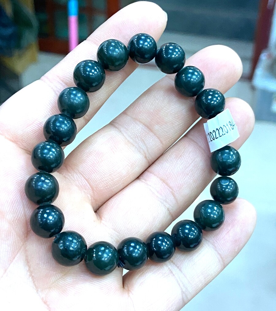 Certified 10mm Natural Oil Green HeTian Ink Jade Round Beads Stretch Bracelet