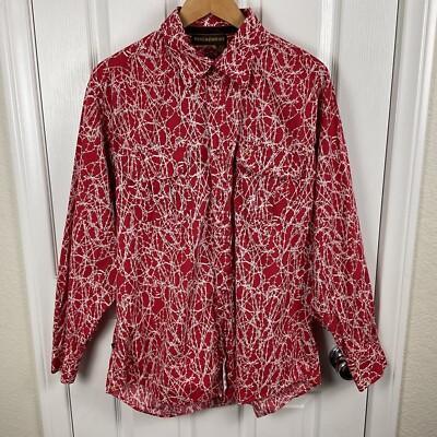 Y2K Rocawear Men's Red W/ White Barbed Wire Print Button Up Long Sleeve Shirt L