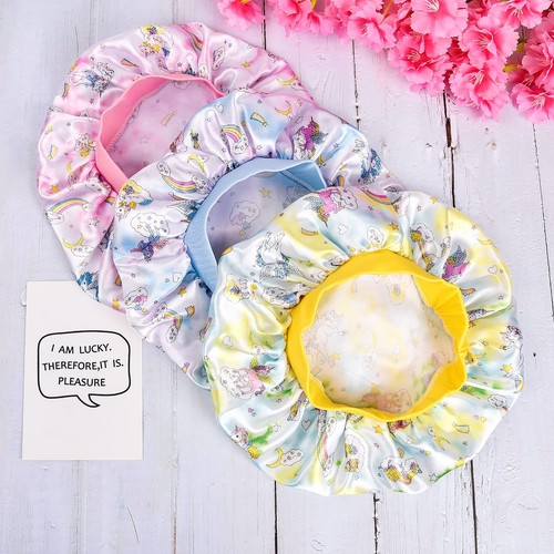 3 Pieces Kids Unicorn Satin Bonnet Wide Elastic Band Sleeping Cap Soft Silk D... - 第 2/7 張圖片