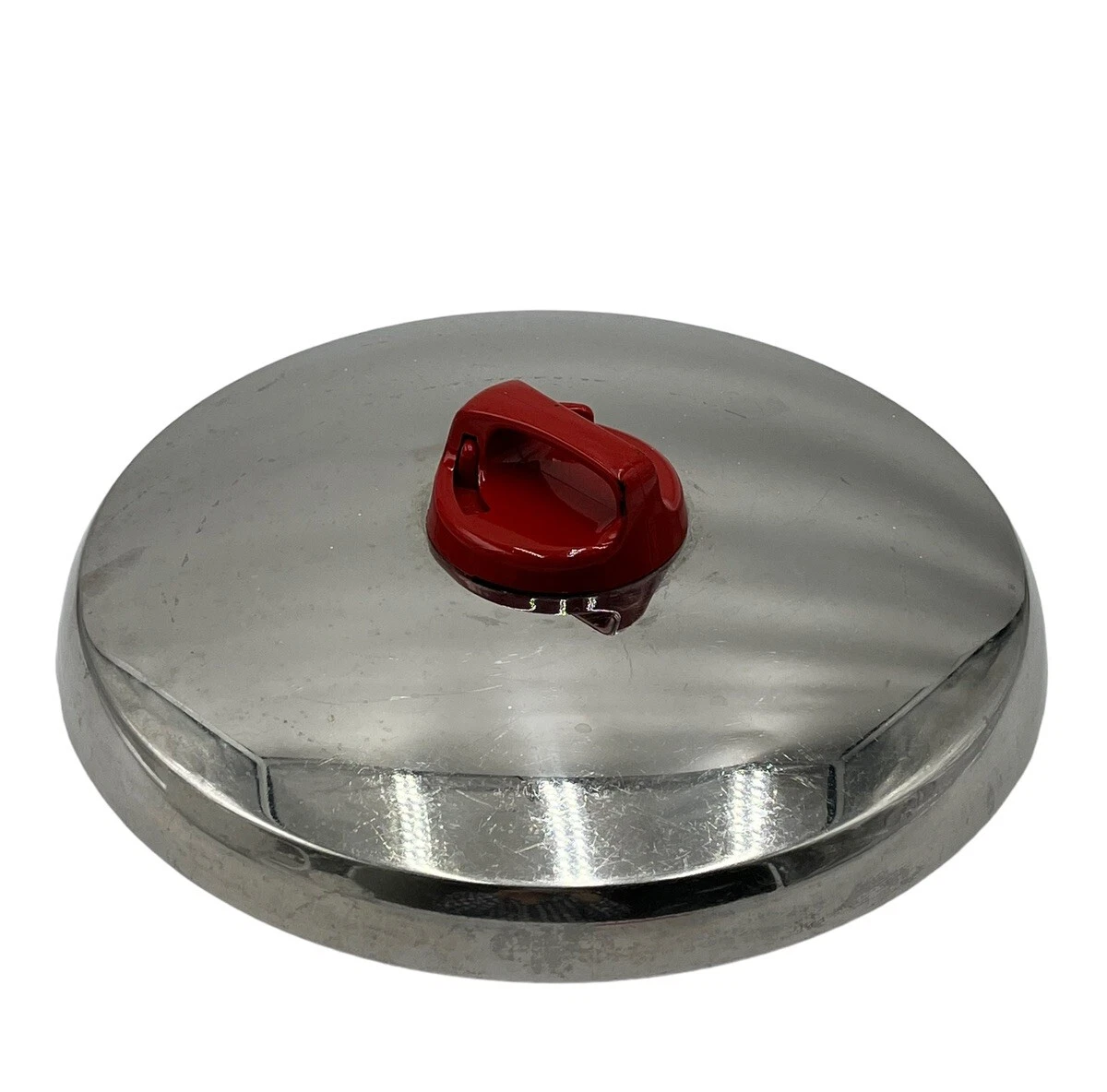 Vtg T-Fal 11 1/4" Pot Pan Adjustable Vented Stainless Steel Lid Only Red Knob