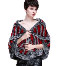 Real Rex Rabbit Fur Cape Winter Warm Shawl Wraps With Pocket Hollow out weaving