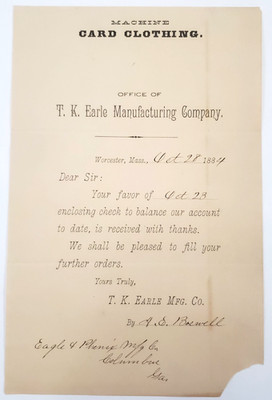1884 Document, T.K. Earle Manufacturing Company, Worcester MA, Eagle & Phenix