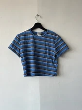 Vintage Xhilaration Shirt Womens Small Blue Black Striped Cropped Tee Top Y2K