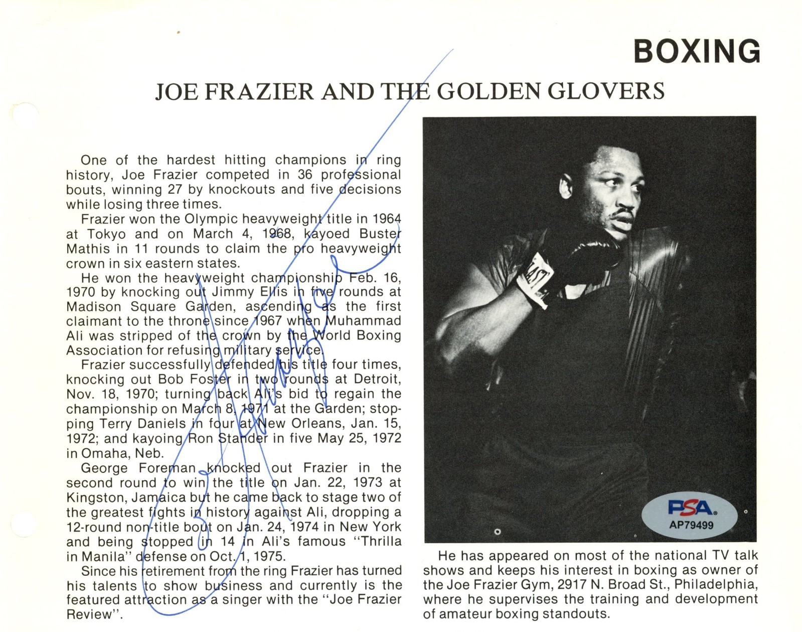 Joe Frazier Signed Autographed 8.5x6.5 Magazine Page PSA/DNA AP79499