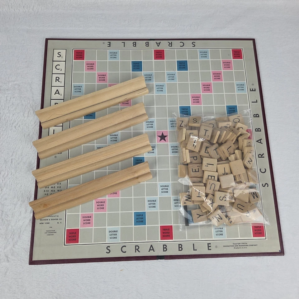 Vintage 1953 Scrabble Selchow & Righter Game Set Wood Tiles Box Instructions - Image 2 of 4