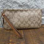 Coach Large Wristlet Clutch Purse Top Zip Brown Signature C- Perfect For iPhone