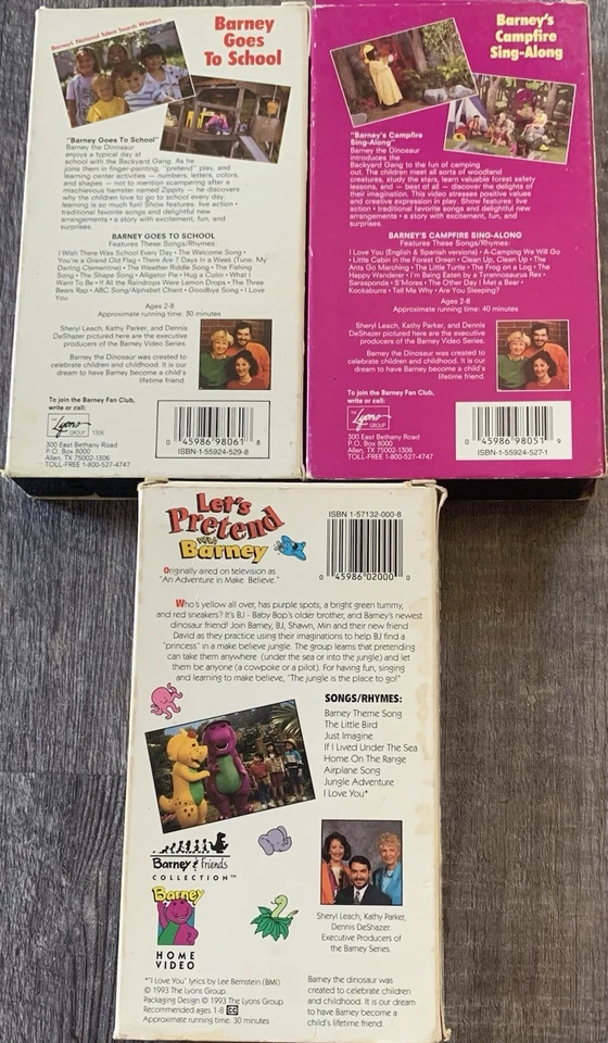 Lot Of 3: Barney VHS Set; Campfire, School, & Let’s Pretend 1990s ACCEPTABLE!!!! Foto 2 de 4