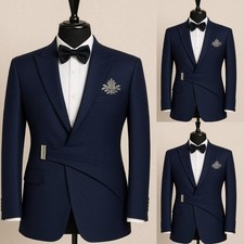 Navy Mens Suits Peak Lapel Formal Business Jacket 2Pcs Evening Dinner Party Coat