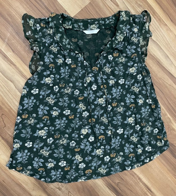 Lucky Brand Womens Floral Flutter Sleeve Knit Top Green Split Tie Neck Size L