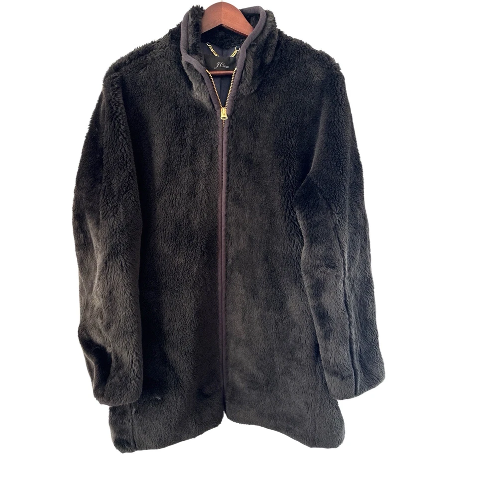 Jaqueta de lã de pelúcia J Crew preta difusa com zíper média fofa