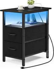 Black Nightstand with Charging Station and LED Lights, Narrow Side Table, LED