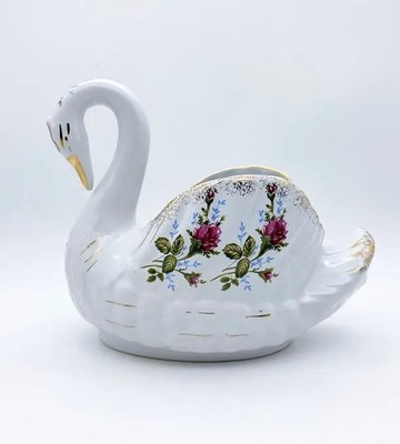 Vintage Weiß Floral 24kt Gold Porzellan Schwan Übertopf Tisch Herzstück