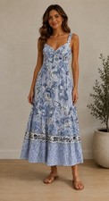 NWT Adrianna Papell Size 10 Blue Floral Maxi Dress Sweet Heart Neckline Smocked