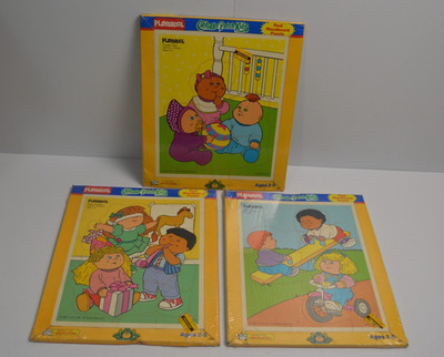 3 Vintage Cabbage Patch Wooden Puzzles Playskool Real Wood Sealed NIP