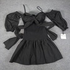 RED Valentino Black Smocked Puff Sleeve Bow Mini Dress TR0VAP50 EU 46 #5044