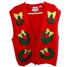 Christmas Wreath Sweater Vest Ladies Size 2X Westbound Long V-neck Buttons