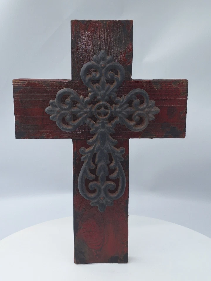 Cast Iron Cross On Aged Wood, Rustic Decorative Layered 15" X 10" Wall Art - Image 3 of 4