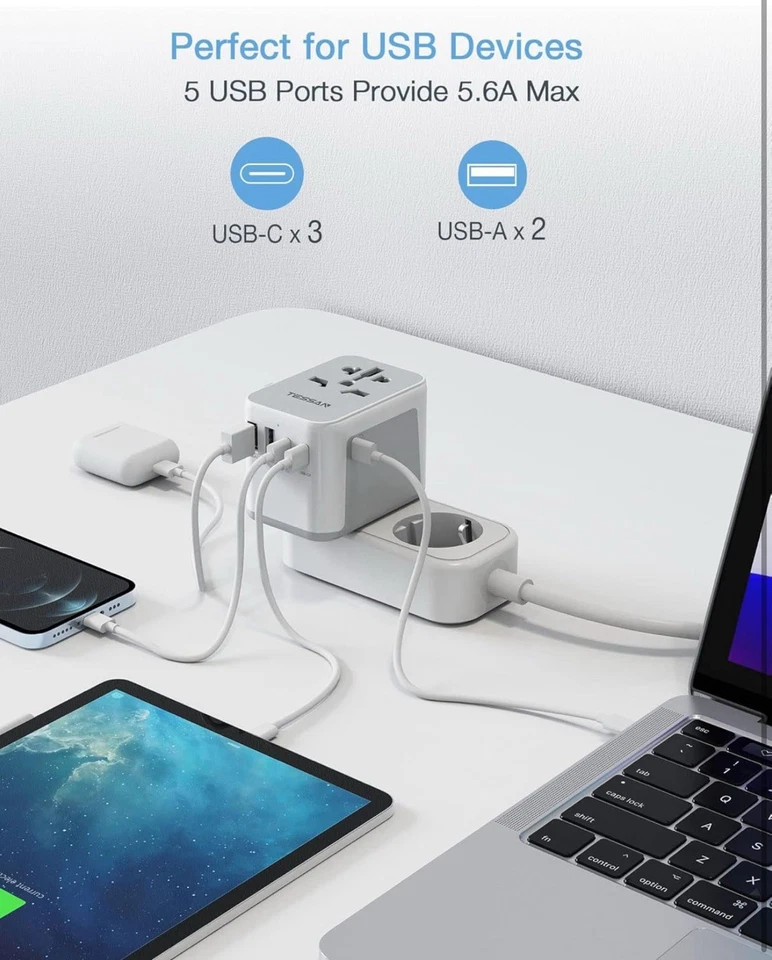 旅行适配器国际电源适配器 5.6A 28W 3 USBC 2 USB 适用于欧盟 AUS 英国 — 第 3/4 张图片