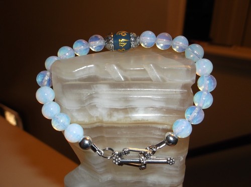 "PULSERA DE CUENTAS DE PLATA ESTERLINA HECHA A MANO DE 8" 8 MM ÓPALO / OM - Imagen 2 de 8