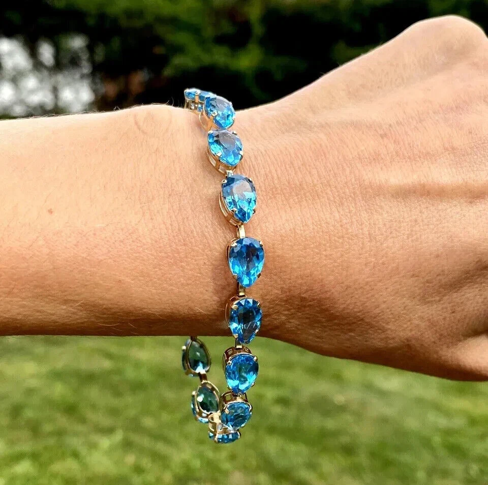 Brazalete lágrima tenis vintage de topacio suizo talla pera enchapado en oro amarillo de 14 quilates de 8 quilates Foto 2 de 4