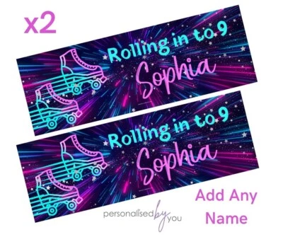 MADVINL 2 x Personalised Neon Roller Skates Birthday Banners Large ANY TEXT