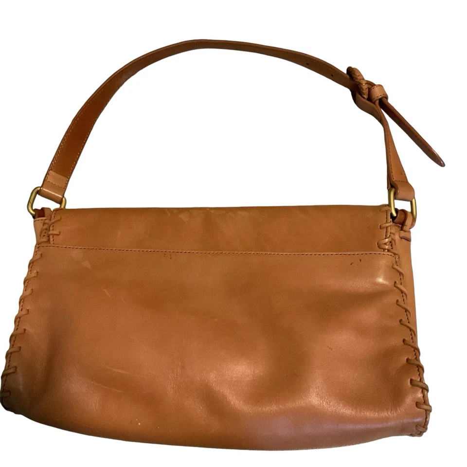 Nicole Miller Tan Leather Shoulder Purse Fringed Tassel Adjustable Straps - Image 2 of 4