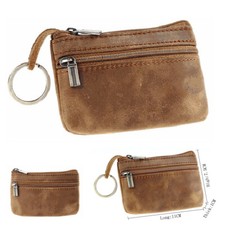 Brown Genuine Leather Small Coin Holder Change Purse Zipper Key Card Wallet US 
