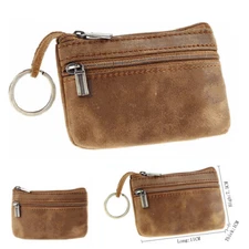 Brown Genuine Leather Small Coin Holder Change Purse Zipper Key Card Wallet US #