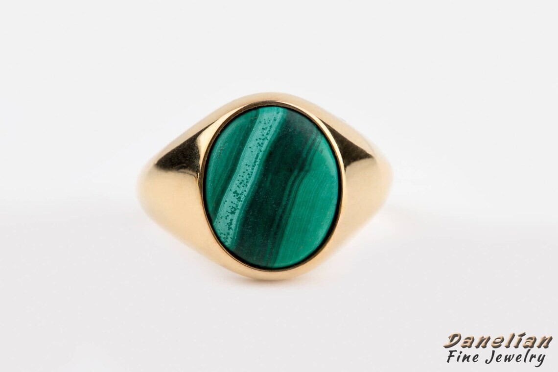 Malachite Green Stone Gold Plated 925 Sterling Silver Signet Ring