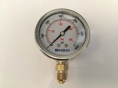 WREKIN Hydraulic Pressure Gauge 63mm Bottom Entry 0-6000 PSI 400 Bar Gauges GB63400/04