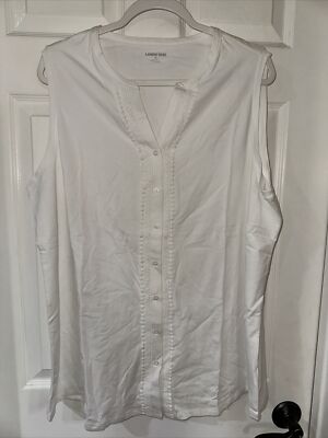 Lands' End Women's 1X Sleeveless V-Neck Top Button Trim Accent White NEW-DEFECT