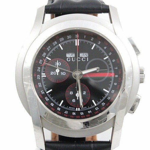 GUCCI 5500 CHORONO Quartz Black Dial Triple Calendar Stainless Leather  Men's | eBay