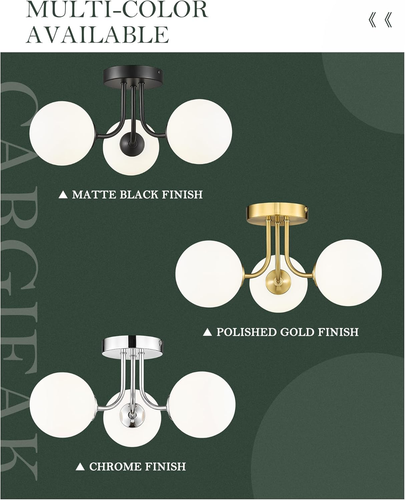 3-Light Gold Semi Flush Mount Ceiling Light, Frosted Glass Globe Ceiling Light w - Picture 6 of 8