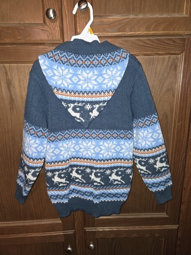 Kids Fair Isle Sweater Size 6-7 Blue Unique Hooded Zipped Cardigan - Picture 2 of 8