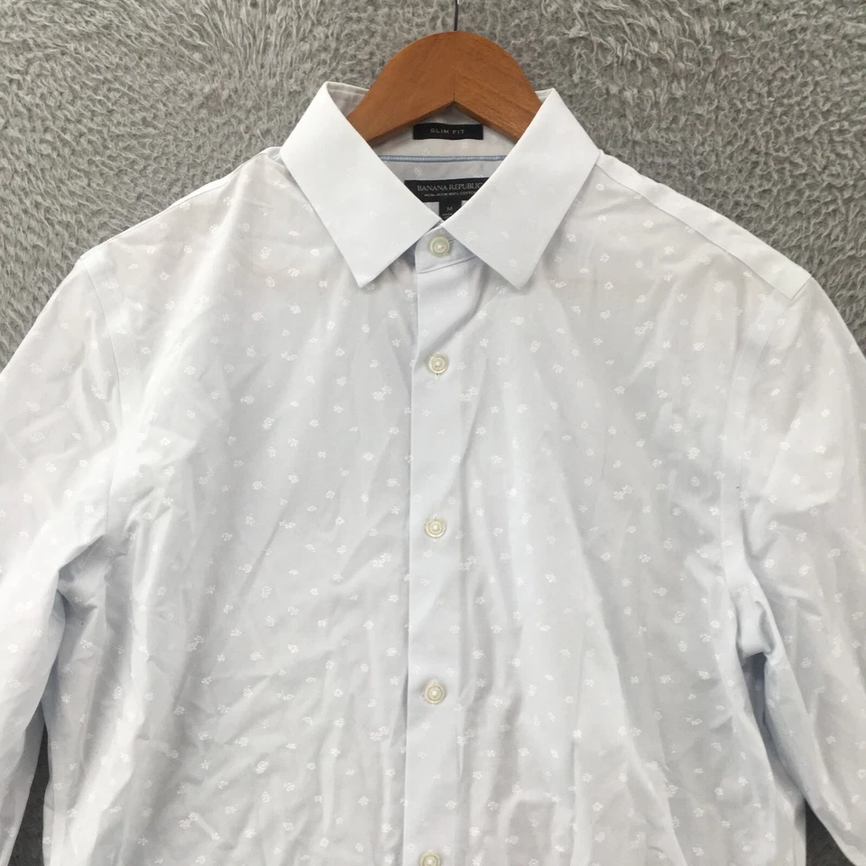 Camisa de vestir Banana Republic manga 3/4 para hombre azul medio calce ajustado algodón sin hierro Foto 2 de 4