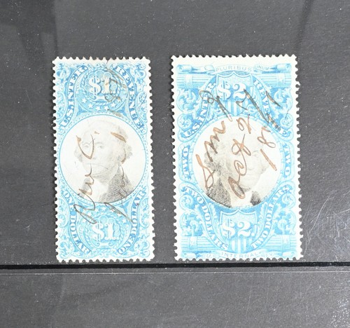 USA Scott # R118, R123 F-VF Used $1 $2 Revenue Stamps US Cat $35