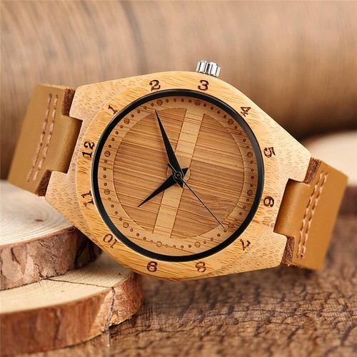 Reloj informal de madera natural de bambú para hombre movimiento de cuarzo correa de cuero relojes - Imagen 3 de 8