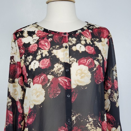 LOFT Outlet Sheer to Semi-Sheer Winter Floral Feminine Button Up Top Blouse Sz M - Picture 2 of 11