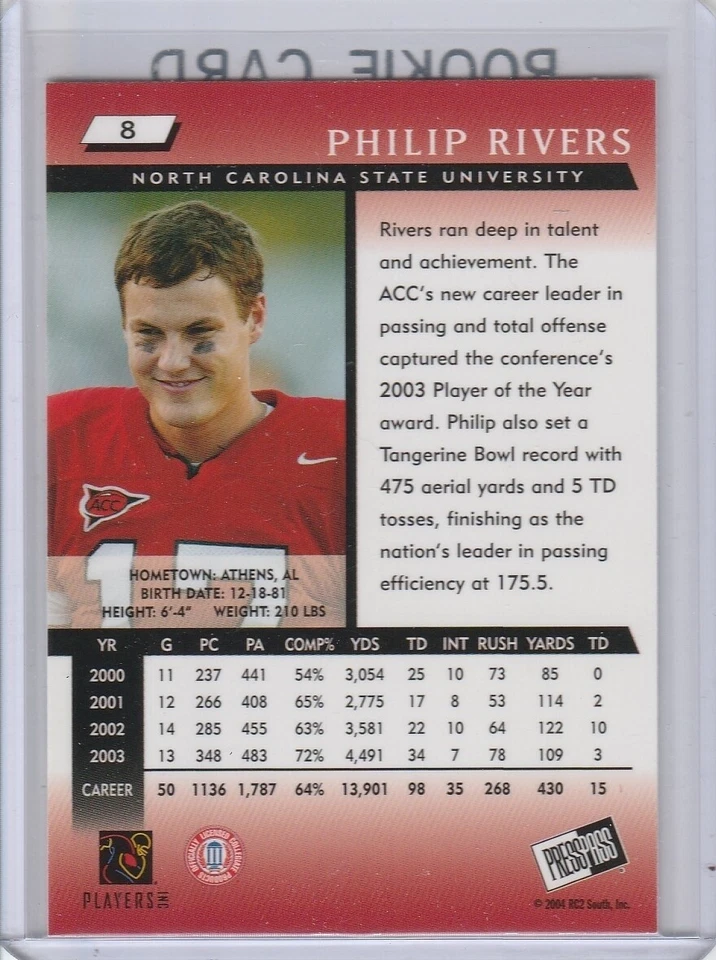 Tarjeta de novato Philip Rivers 2004 Press Pass fútbol americano universitario RC NCAA WOLFPACK Foto 2 de 2