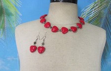 Necklace 18"  Earrings Red Hearts  Silver Tone Beads NWT